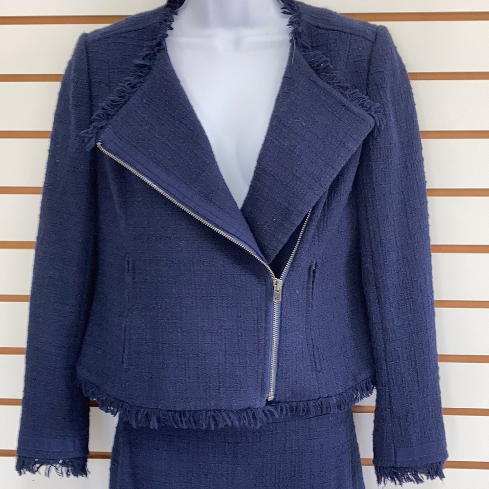 J. CREW Tweed Moto 2 pc Suit Set Jacket (6) ; Skirt (4) Navy Blue Tweed Fringe